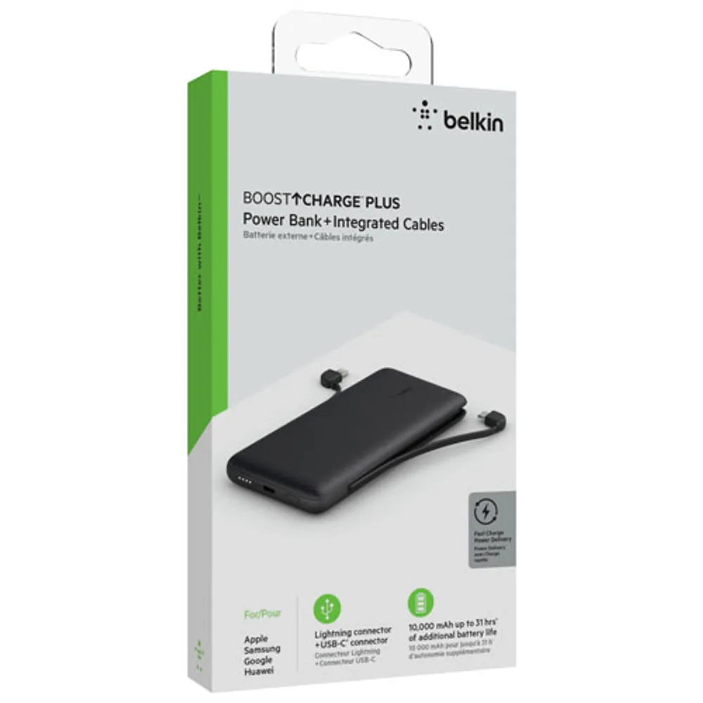 Chargeur portable de 10 000 mA h BoostCharge de Belkin avec câble Lightning et câble USB-C - Noir