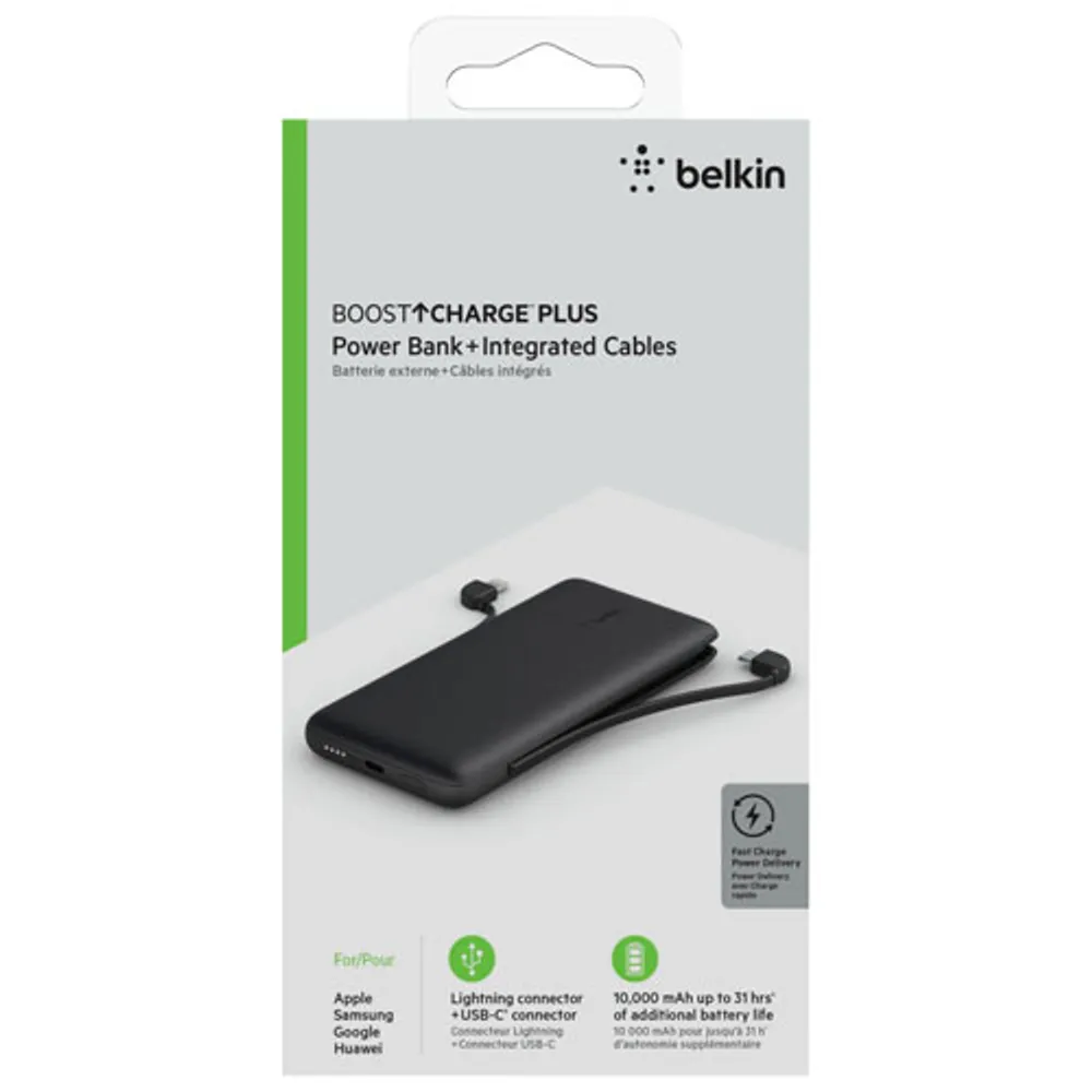 Chargeur portable de 10 000 mA h BoostCharge de Belkin avec câble Lightning et câble USB-C - Noir