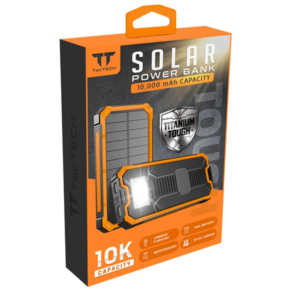 TacTech 10,000 mAh USB-A/USB-C Solar Power Bank with LED Flashlight (ETTPB10) - Black/Orange
