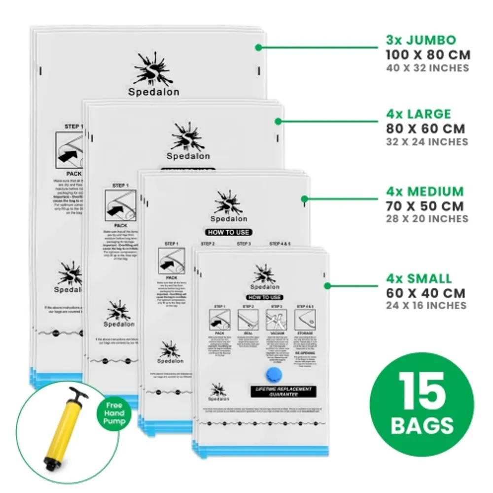 Spacesaver Premium *Jumbo* Vacuum Storage Bags. 80% More Storage! Hand-Pump for Travel! Double-Zip Seal and Triple Seal Turbo-Valve for Max Space