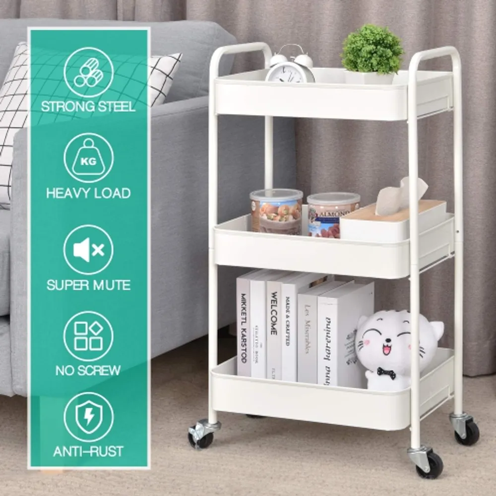 3-Tier Rolling Cart, Metal Utility Cart with Lockable Wheels, Storage Craft Art Cart Trolley Organizer Serving Cart Easy Assembly for Office, Bathroom