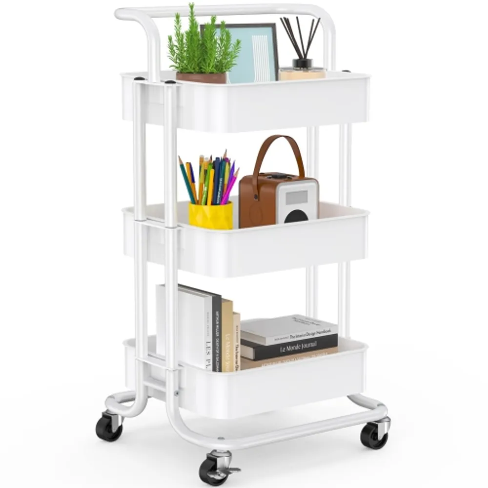 HLD 3-Tier Rolling Utility Cart, Multifunctional Metal Organization Storage  Cart with 2 Lockable Wheels for Office, Home, Kitchen, Bedroom, Bathroom,  Laundry Room (White)