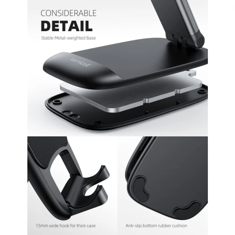 Cell Phone Stand for Desk Angle Height Adjustable Phone Holder Cell Phone  Holder for Desk Cellphone Dock Compatible with All Mobile Phones (Black) 