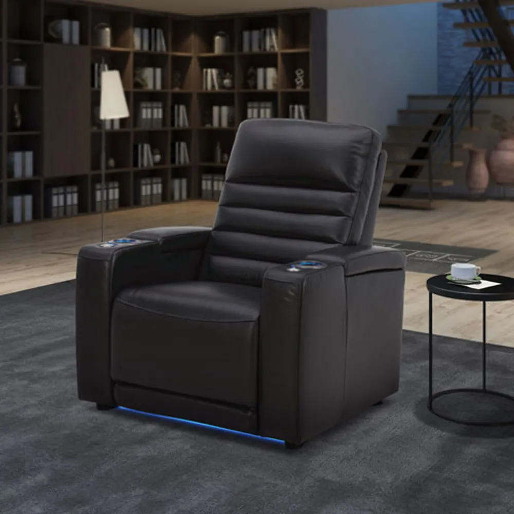 Fauteuil inclinable électrique en cuir Prestige pour cinéma maison avec appuie-tête et porte-gobelets électriques - Noir