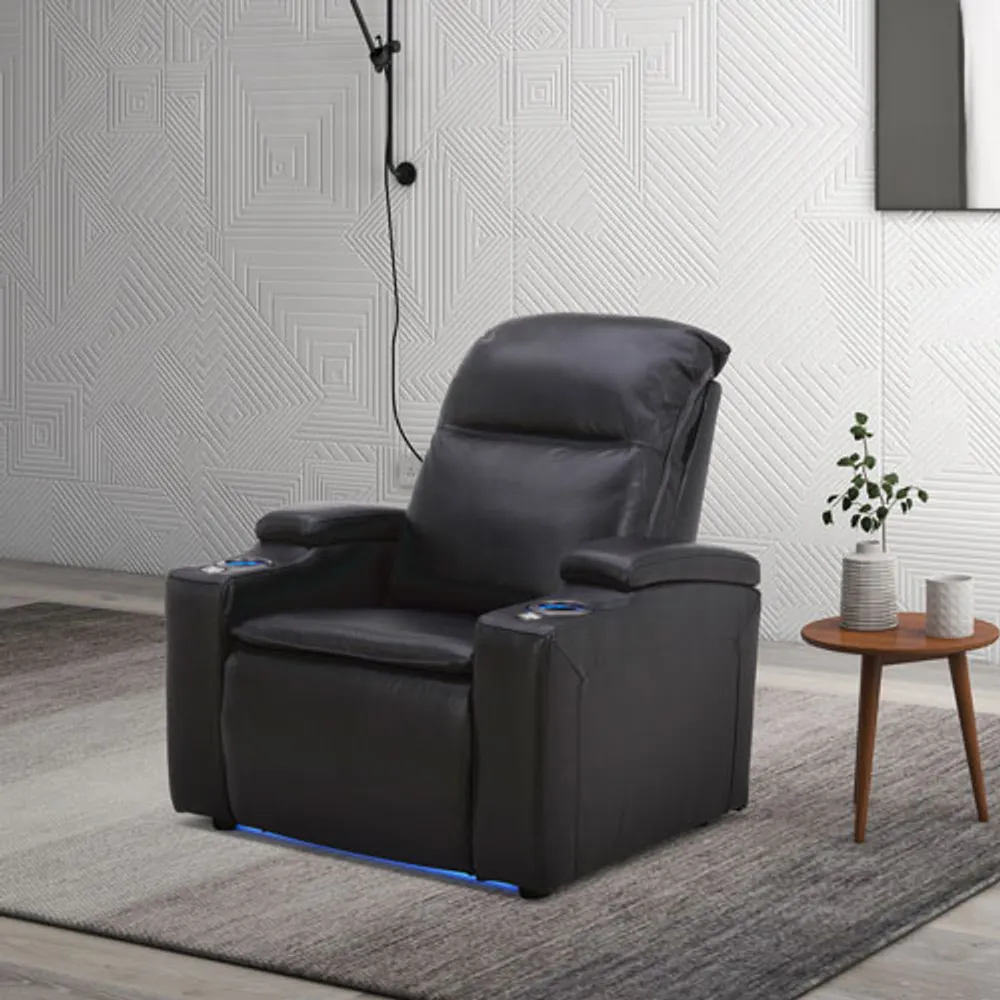 Fauteuil inclinable électrique en cuir Haven pour cinéma maison avec appuie-tête et porte-gobelets électriques - Noir