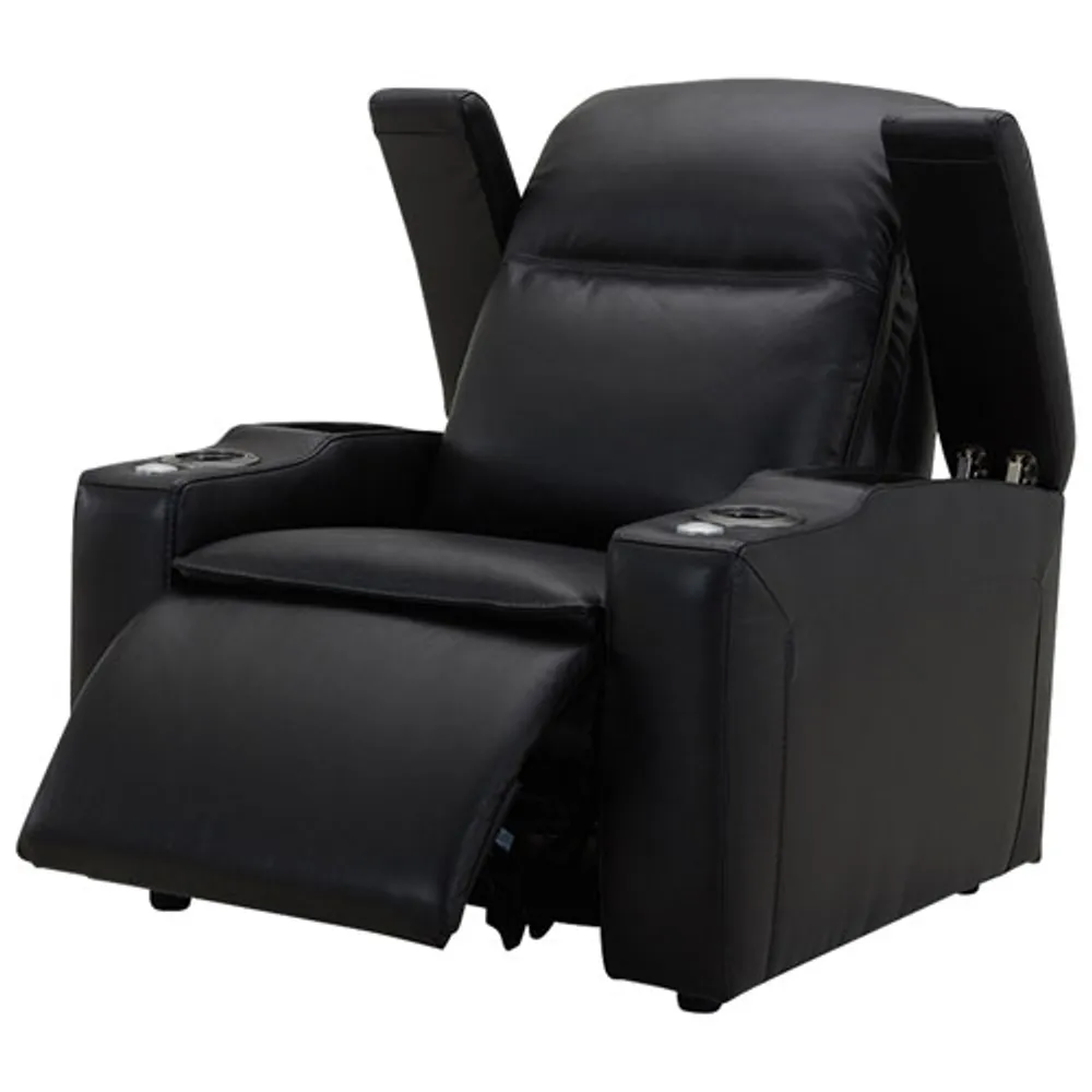 Haven Leather Power Home Theater Recliner with Power Headrests & Cupholders – Black