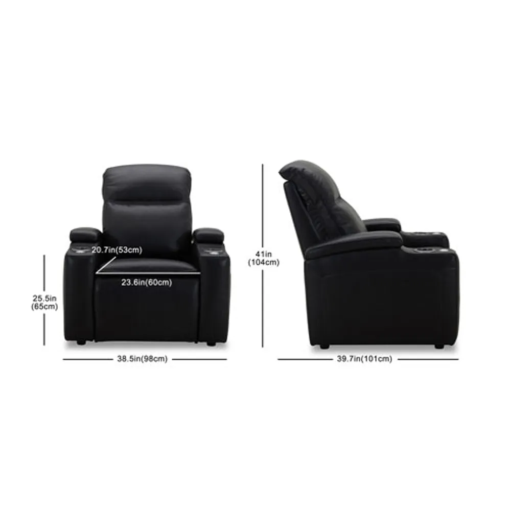 Haven Leather Power Home Theater Recliner with Power Headrests & Cupholders – Black