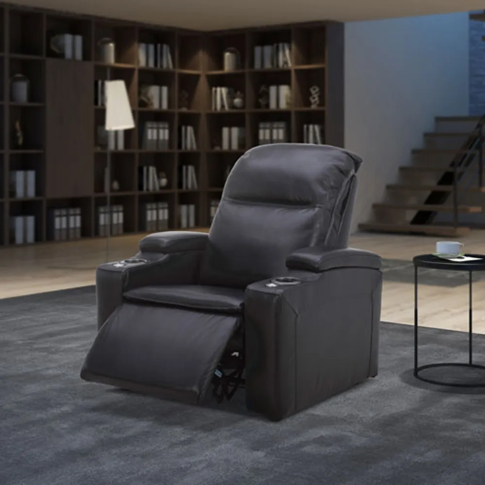 Haven Leather Power Home Theater Recliner with Power Headrests & Cupholders – Black