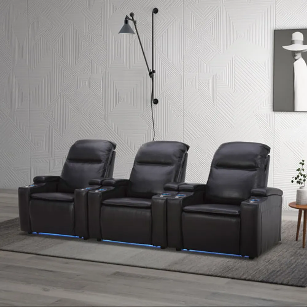 Haven Leather Power Home Theater Recliner with Power Headrests & Cupholders – Black