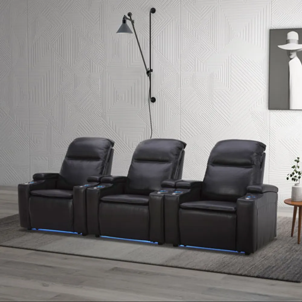 Fauteuil inclinable électrique en cuir Haven pour cinéma maison avec appuie-tête et porte-gobelets électriques - Noir