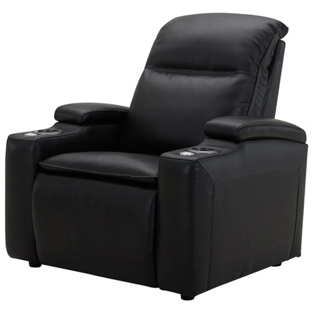 Haven Leather Power Home Theater Recliner with Power Headrests & Cupholders – Black