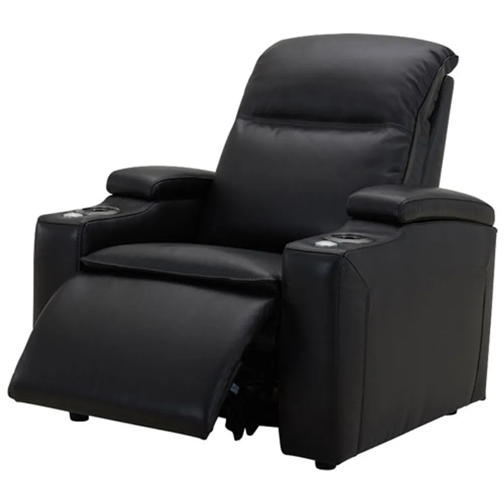 Haven Leather Power Home Theater Recliner with Power Headrests & Cupholders – Black