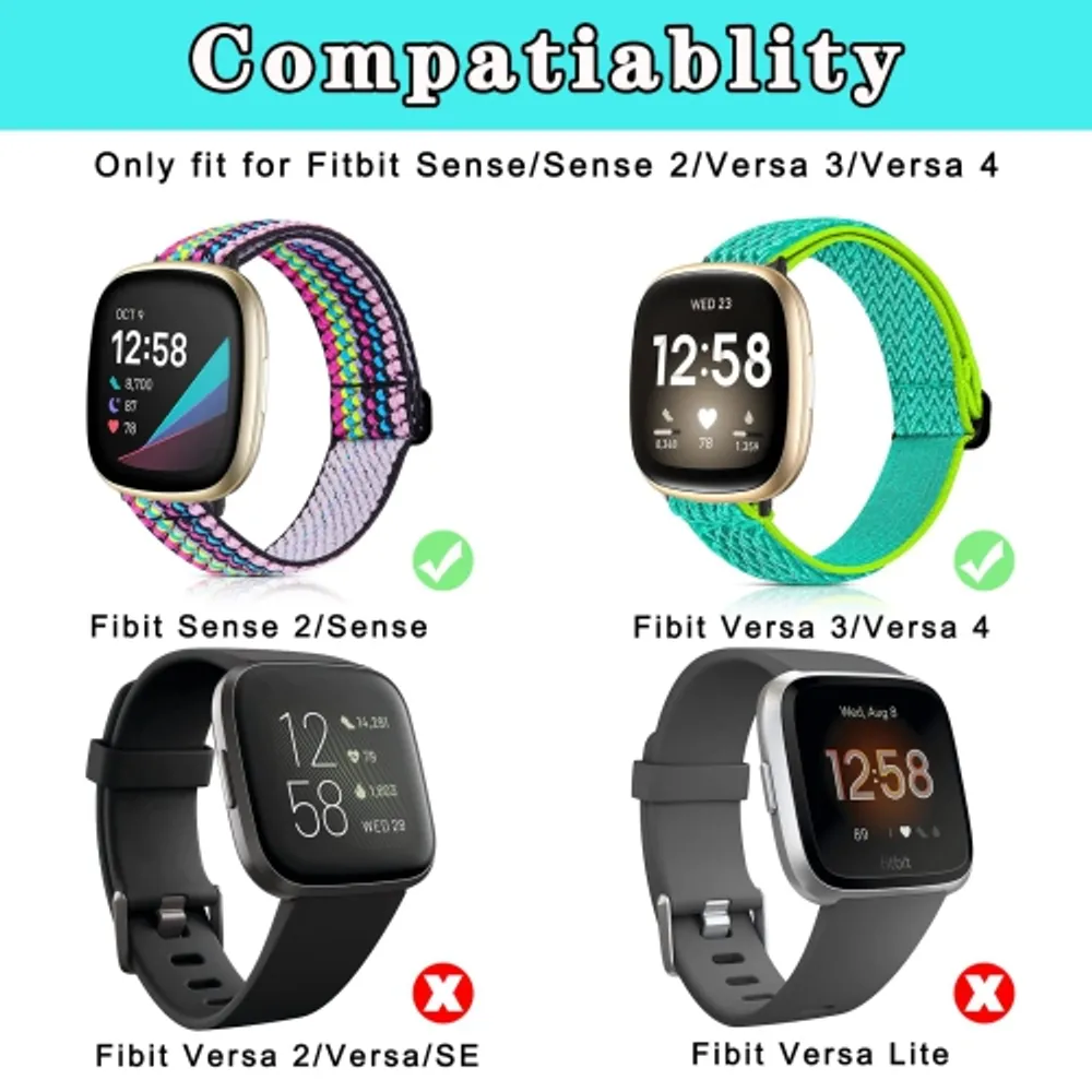 HLD 4 Pack Stretchy Bands Compatible with Fitbit Versa 3/Fitbit Versa 4/Fitbit  Sense 2/Fitbit Sense Bands Women Men, Adjustable Elastic Soft Loop Nylon  Breathable Replacement Straps fo