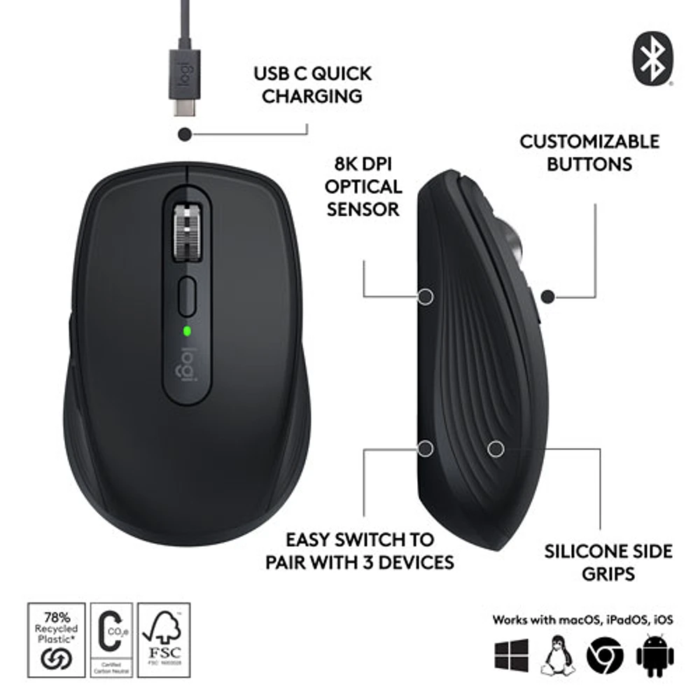 Souris sans fil compacte Darkfield MX Anywhere 3S de Logitech avec boutons programmables