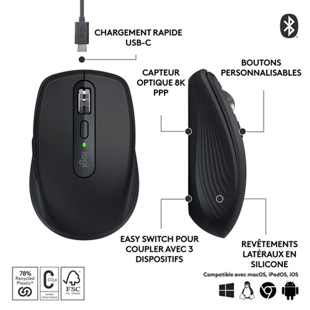 Souris sans fil compacte Darkfield MX Anywhere 3S de Logitech avec boutons programmables