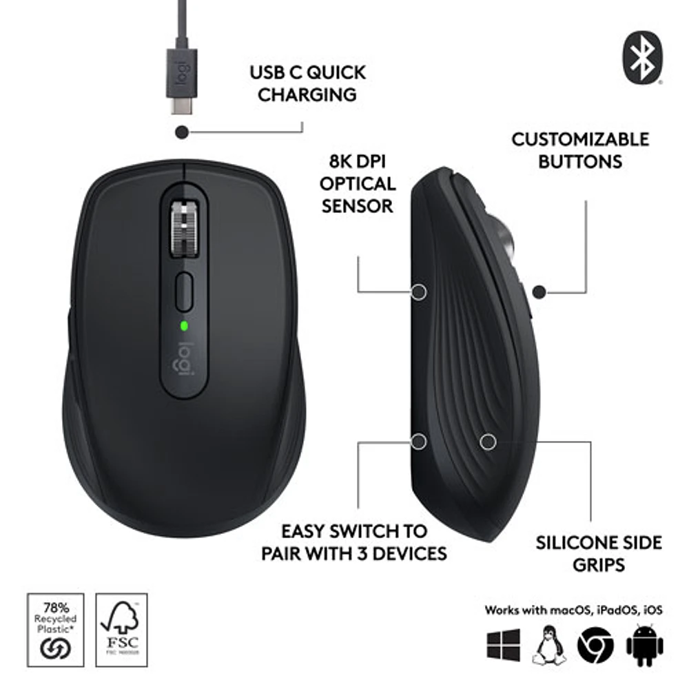 Souris sans fil compacte Darkfield MX Anywhere 3S de Logitech avec boutons programmables