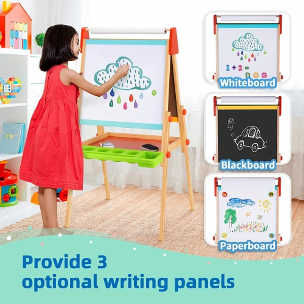 Gymax All-in-One Wooden Kids Easel with Paper Roll & Accessorie Height Adjustable