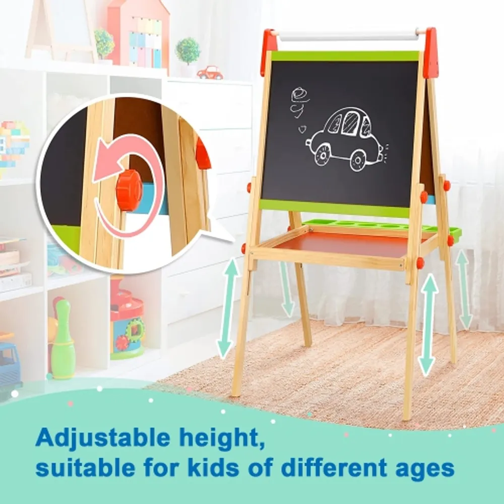 Gymax All-in-One Wooden Kids Easel with Paper Roll & Accessorie Height Adjustable