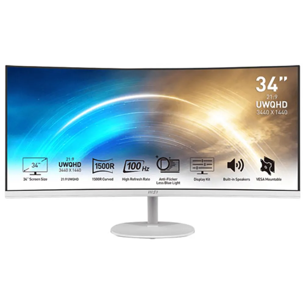 MSI Pro 34" QHD 100Hz 1ms GTG Curved VA LED FreeSync Gaming Monitor (MP341CQW) - White