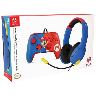 Ensemble avec casque d'écoute avec fil Super Mario Airlite et manette avec fil Rematch pour Switch - Bleu/Rouge