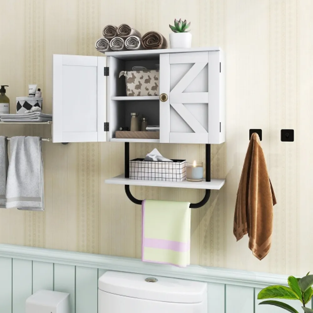 Gymax Bathroom Wall Cabinet Medicine Storage Cabinet w/ Open Shelf & Towel  Bar