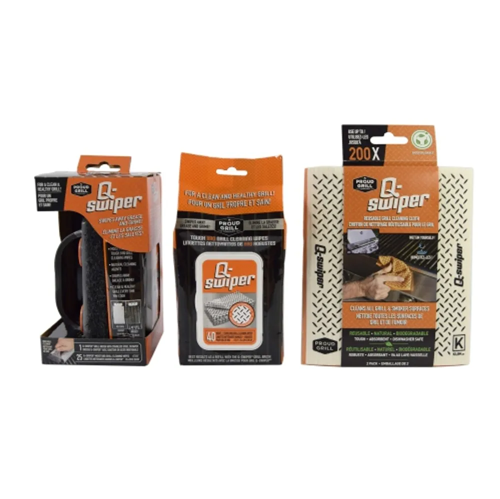 Q-Swiper BBQ Grill Cleaner Set - 1 Brush - 40 Cleaning Wipes - 2