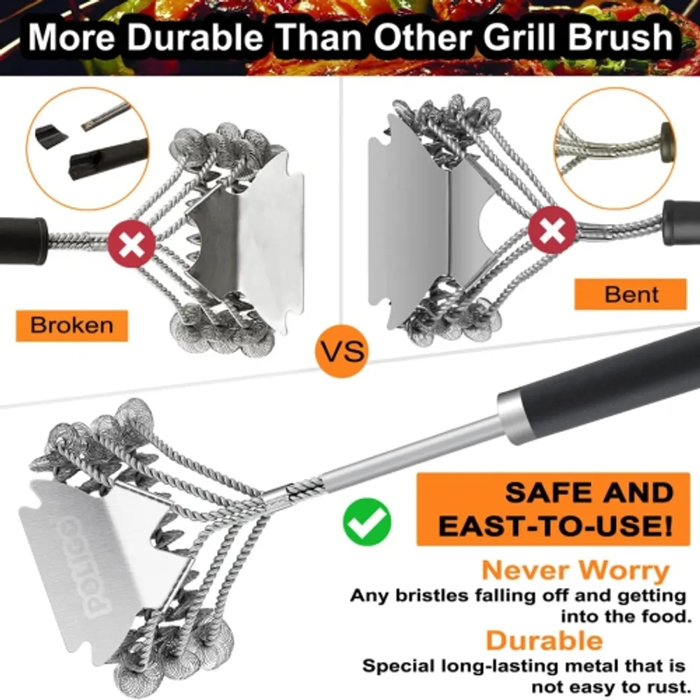2 Pack BBQ Brush, 18 inch BBQ Brush Cleaner for Grill BBQ, Stainless Steel  Barbecue Brush Bristle Free with Scraper & Multiple BBQ Grill Brush Heads