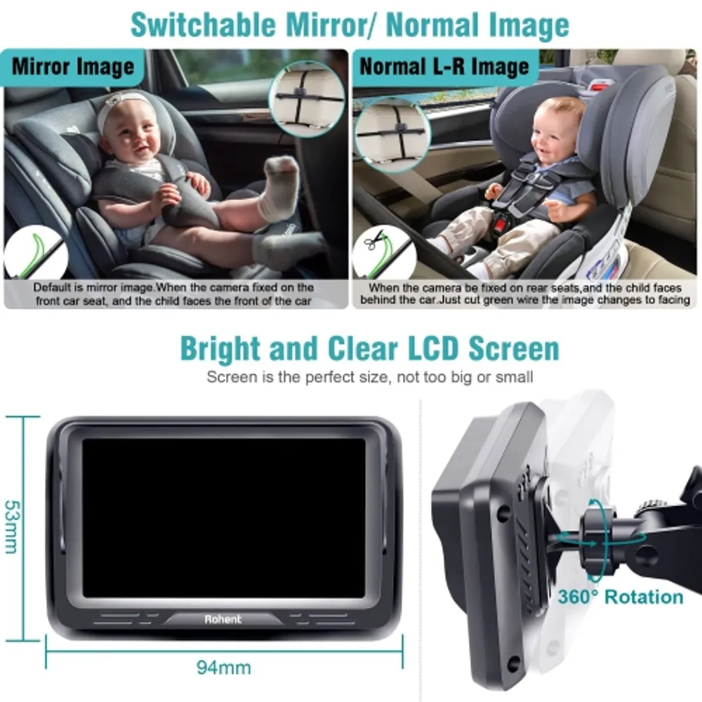 1080P 5 HD'' Baby Car mirror Camera, Night Vision Baby Car Seat