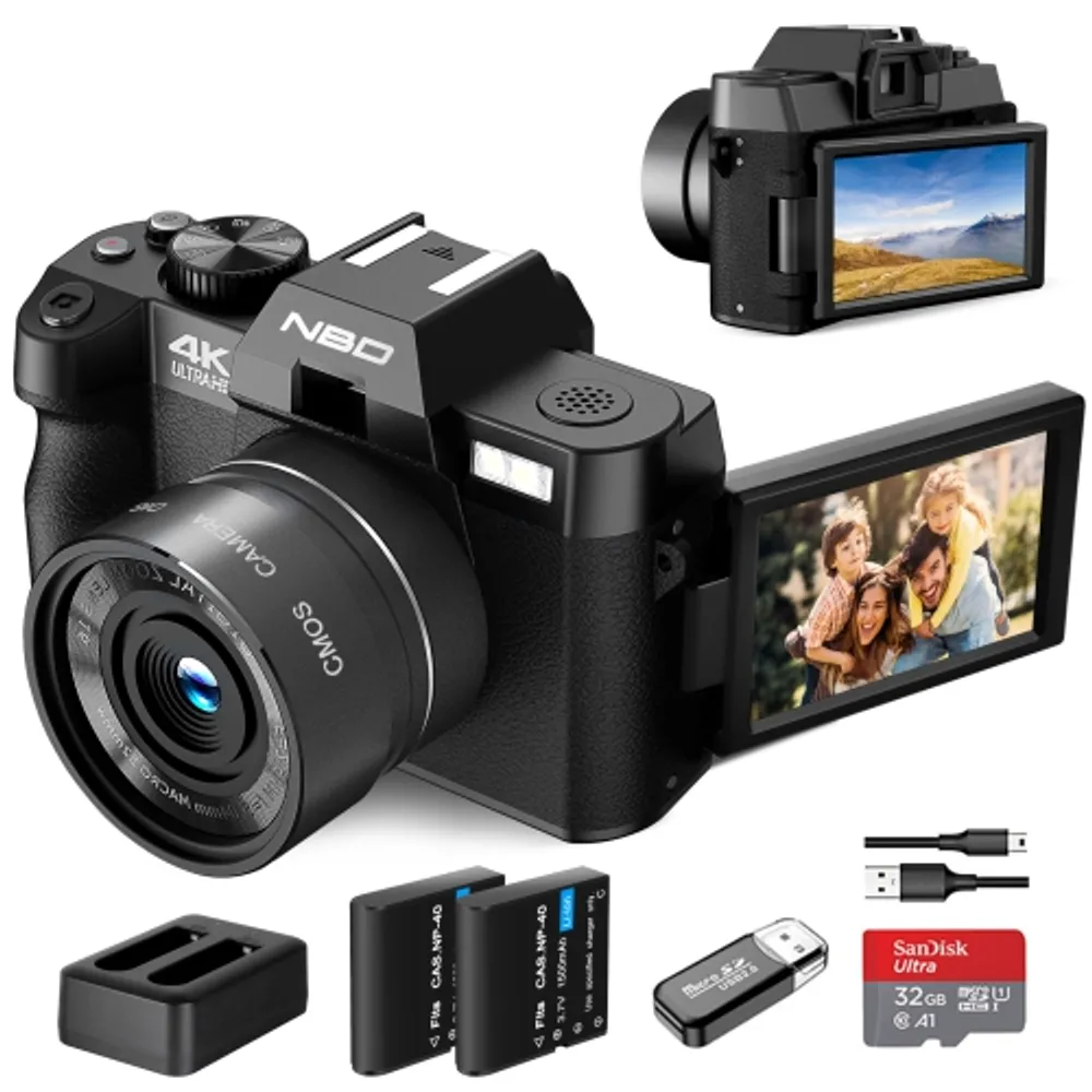 4K Digital Camera for Photography Autofocus 16X Digital Zoom, 48MP Vlogging  Camera with 32GB SD Card, 3'' 180° Flip Screen Compact Camera,2 Batteries