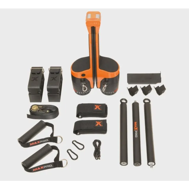 MAXPRO Home Gym Bundle with Accessories - Including Slimline Wall Track, Portable 5-300lbs Resistance (Orange Machine, Wall Track)