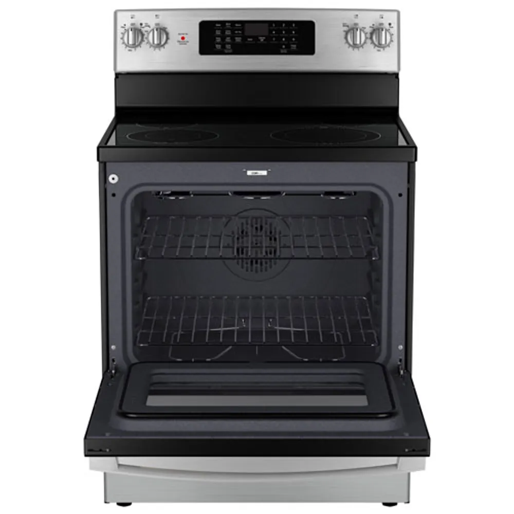 GE 30" 5.0 Cu. Ft. Fan Convection Freestanding Electric Air Fry Range (JCB830STSS) - Stainless Steel