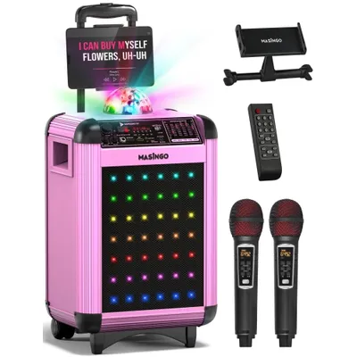 MASINGO Karaoke Machine for Adults & Kids with 2 Wireless Microphones - Portable PA Speaker System w/Two Bluetooth Mics, Party Lights, Lyrics Display Holder & TV Cable
