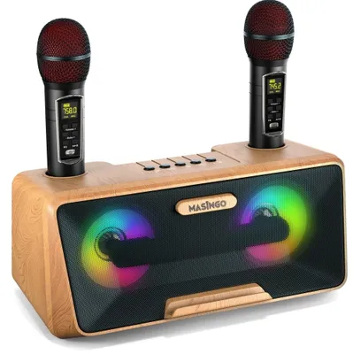 MASINGO Karaoke Machine for Adults and Kids with 2 Wireless Microphones, Portable Bluetooth Speaker, Colorful LED Lights, PA System, Lyrics Display Holder & TV Cable