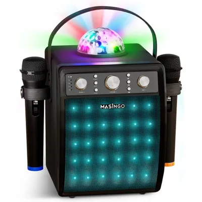 MASINGO 2023 Karaoke Machine for Adults & Kids with 2 Wireless Microphones - Portable PA Speaker System Set w/Two Bluetooth Mics, Disco Ball Party Lights & TV Cable