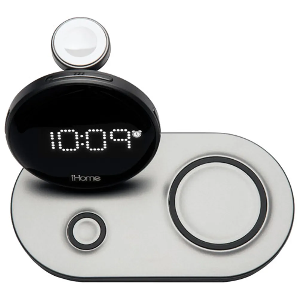 iHome Powervalet Quad Compact Alarm Clock with Qi Wireless Fast Charging - Black/Gunmetal