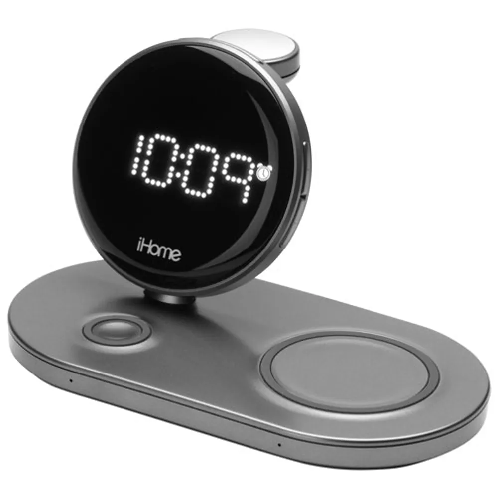 iHome Powervalet Quad Compact Alarm Clock with Qi Wireless Fast Charging - Black/Gunmetal