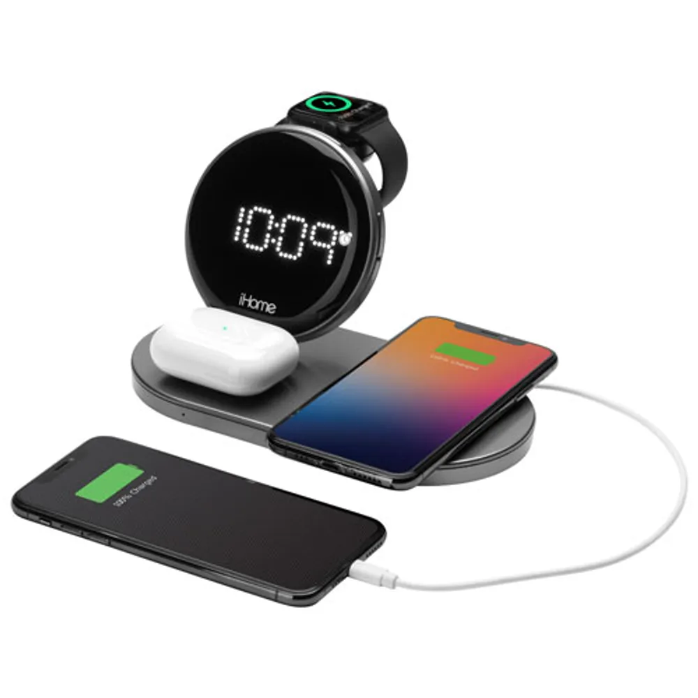 iHome Powervalet Quad Compact Alarm Clock with Qi Wireless Fast Charging - Black/Gunmetal