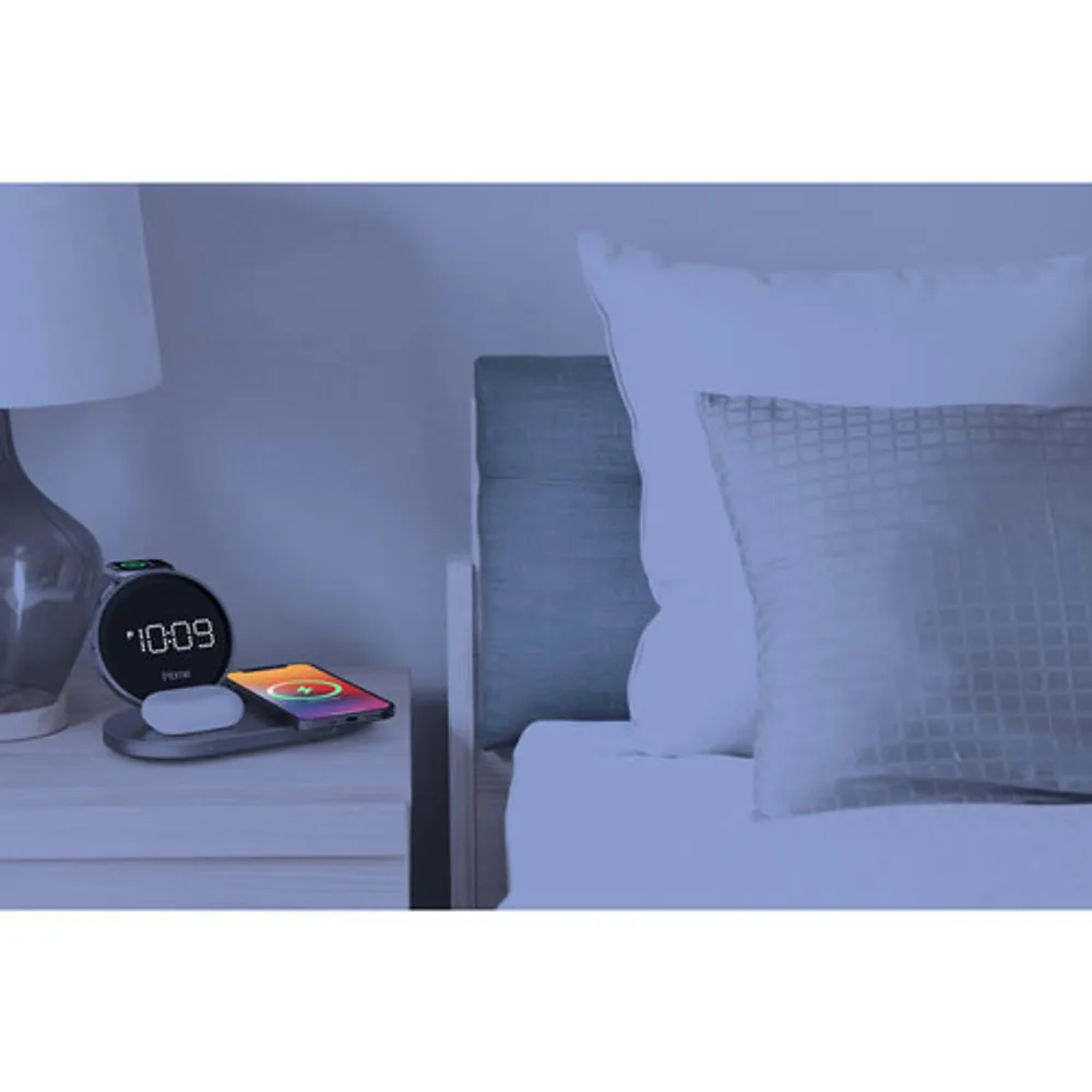 iHome Powervalet Quad Compact Alarm Clock with Qi Wireless Fast Charging - Black/Gunmetal