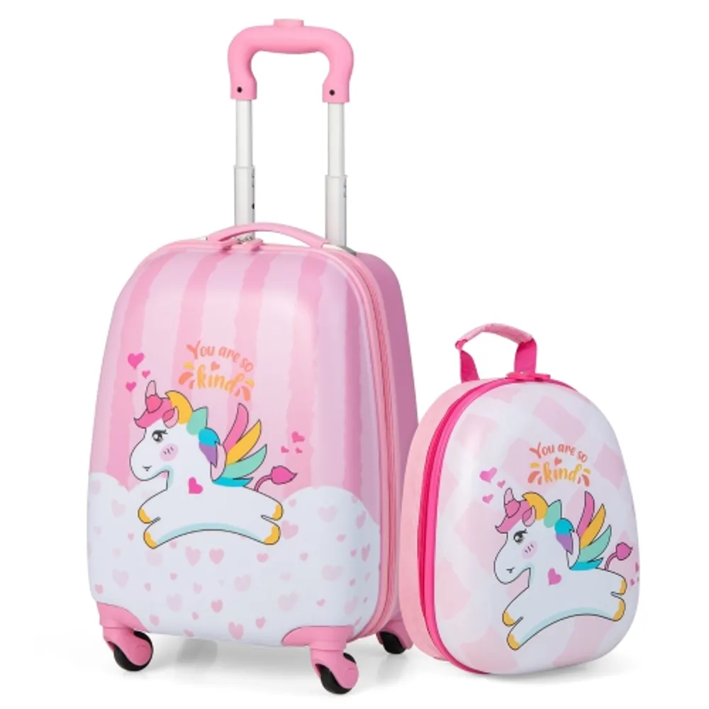 GYMAX Kids Carry On Luggage Set, 12 & 16 2PCS Rolling Suitcase