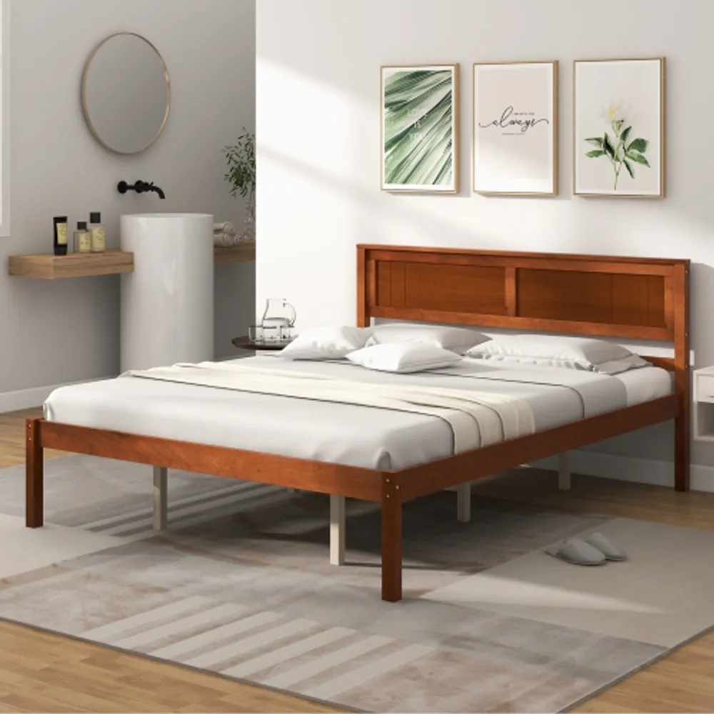 Costway Full/Queen/Twin Size Wooden Platform Bed Frame with Headboard  Mattress Foundation Walnut