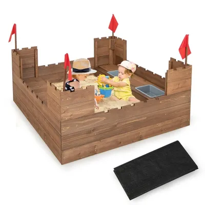 Gymax Solid Wood Kids Sandbox w/ 2 Bench Seats, Outdoor Sandpit w/ Storage Box & Flags