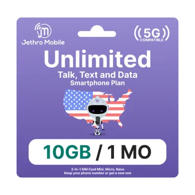 Jethro Mobile USA Travel Sim Card [1-Month] - 10GB High-Speed Data, Unlimited Talk & Text in the US and Calls to Canada