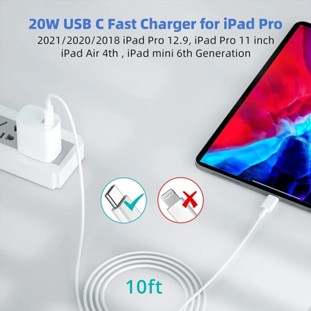 10Ft USB to Type C Fast Charger Cable Cord for iPad Pro 12.9-inch (3rd 4th  5th Generations), iPad Pro 11-inch (1st 2nd 3rd Generations), New iPad Mini