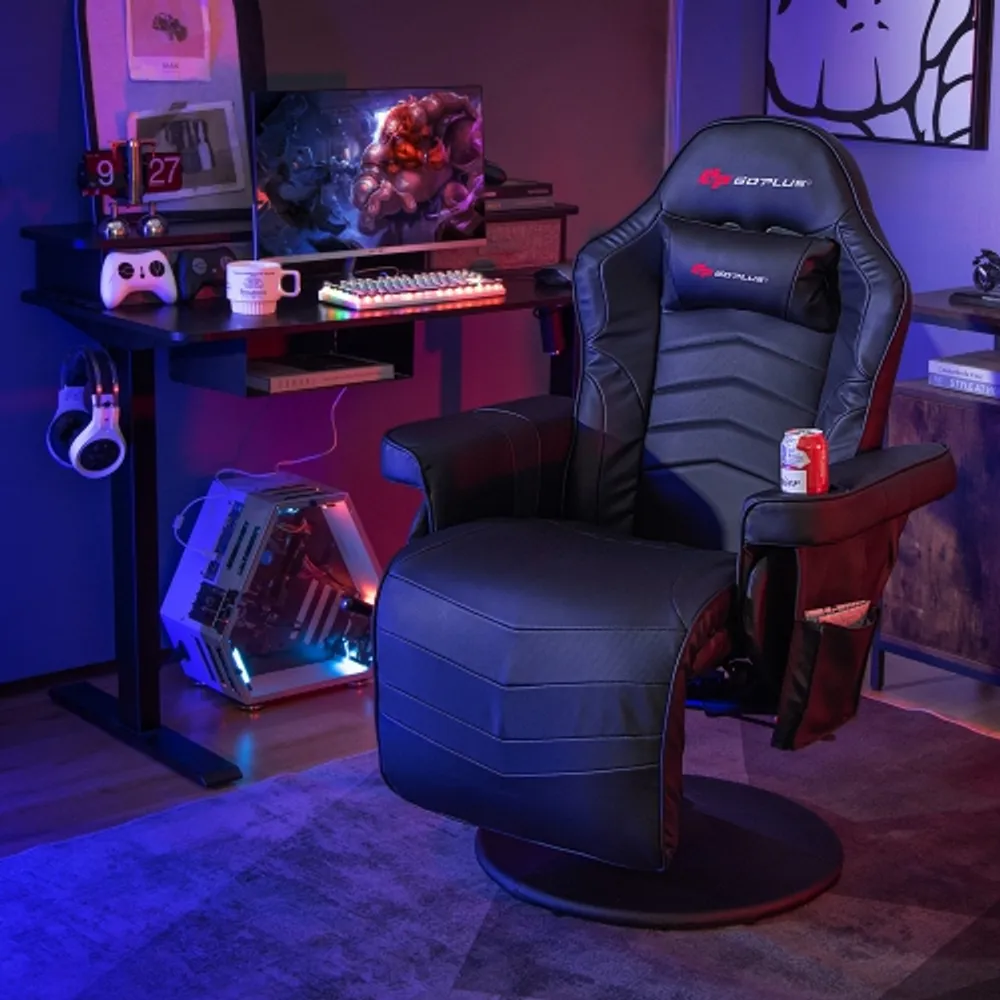 Costway Massage Gaming Recliner Height Adjustable Racing Swivel Chair with  Cup Holder Blue