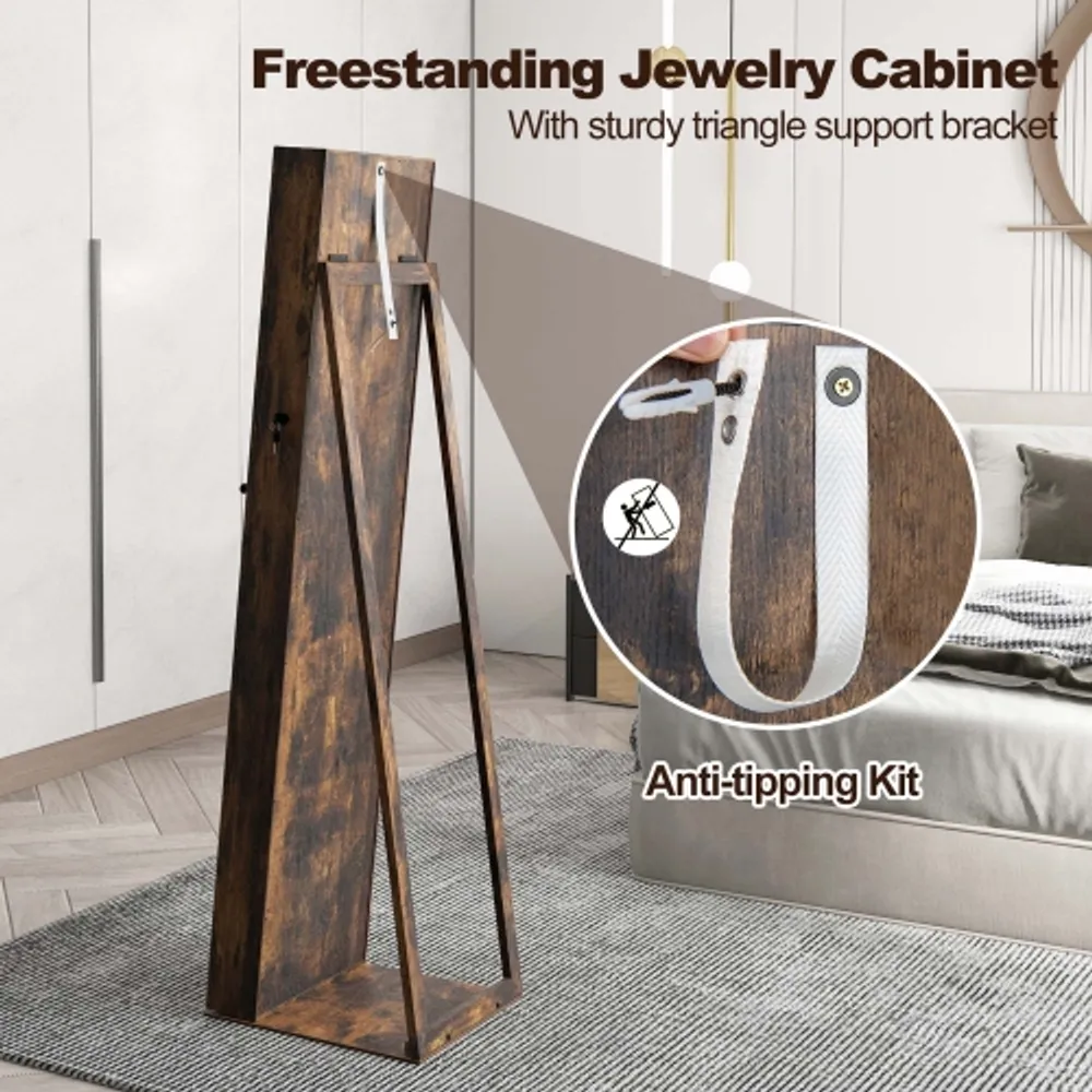 Standing Lockable Jewelry Storage Organizer with Full-Length Mirror-Brown | Costway