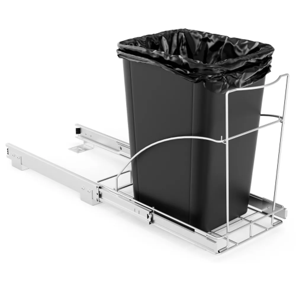 Costway Wooden Kitchen Trash Cabinet Tilt Out Bin Holder with Drawer &  Storage Shelf Gray