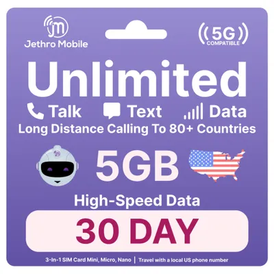 ﻿Jethro Mobile USA Travel Sim Card [1 Month] - 5GB High-Speed Data, Unlimited Talk & Text in the US and Calls to Canada Phone Plan