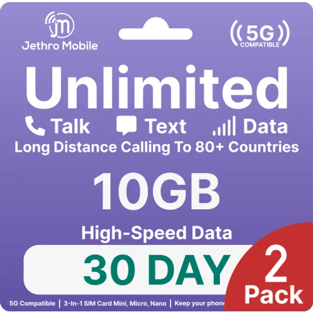Jethro Mobile USA Travel SIM Card 30 Day - 2 Pack Unlimited Talk, Text,  10GB Data, International Calling to Canada