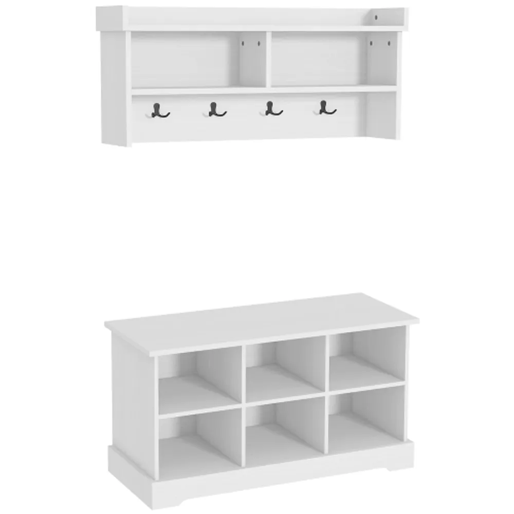 HOMCOM 2-in-1 Coat Rack Shoe Bench Set, 9 Pair Shoe Storage Cabinet Rack with Hall Tree, Modern Entryway - White
