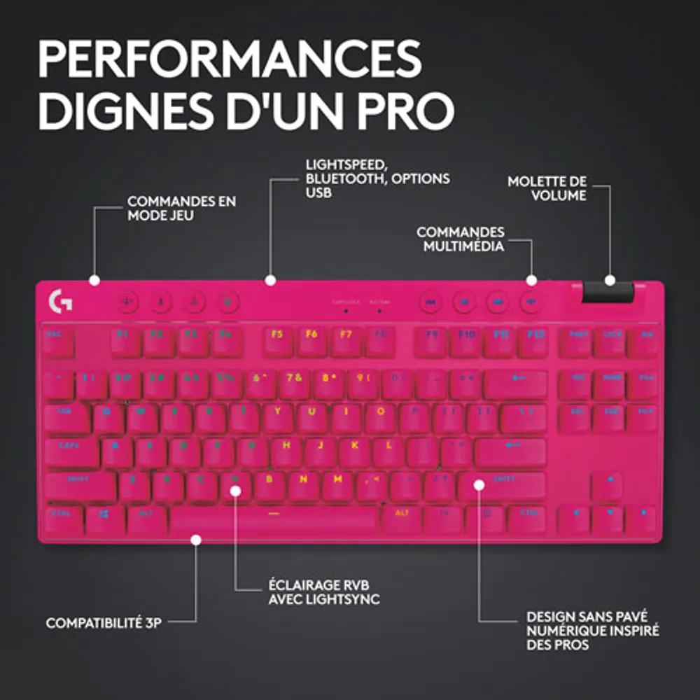 Clavier de jeu mécanique rétroéclairé Bluetooth à touches tactiles sans pavé numérique G PRO X LIGHTSPEED de Logitech - Magenta - Anglais - Exclusivité Best Buy